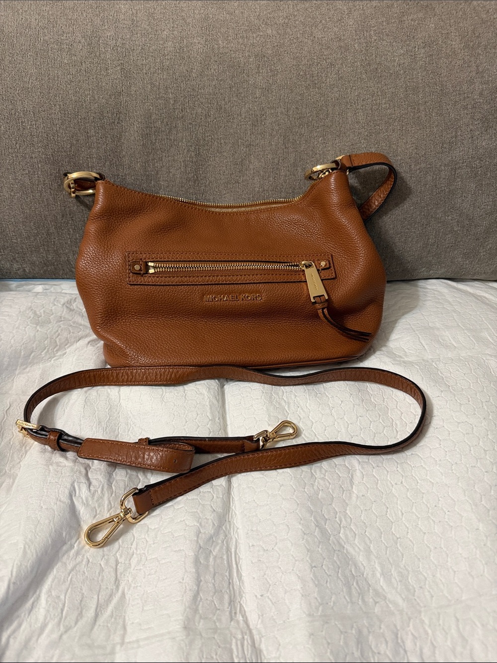 Michael Kors Cognac Pebbled Leather Crossbody Bag with Gold Hardware